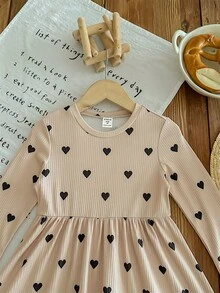 SHEIN 针织心形图案修身年轻女孩休闲连衣裙 - 卡其色 - 查看 3