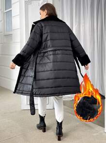 SHEIN Privé 大码女式羊毛拼接收腰长款加厚外套，立领，口袋，加厚保暖黑色外套，秋冬 - 黑色 - 查看 7