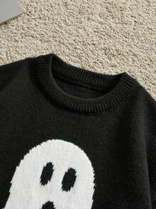 Manfinity VCAY Men's Oversized Drop Shoulder Crew Neck Black Halloween Ghost Graphic Sweater, For Fall Winter - Black - View 3