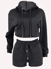 SHEIN Slayr 2 chiếc áo hoodie màu trơn cho nữ và quần short có túi dây rút Bộ đồ thường ngày - Màu xám đen - Xem 3