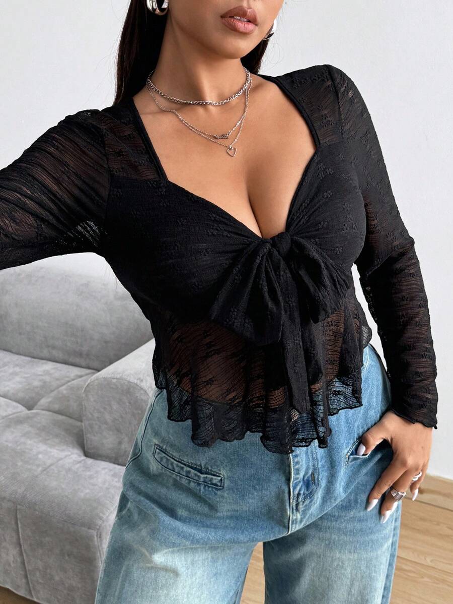 Flirla Plus Size Lace Front & Tie Long Sleeve T-Shirt Fall Cloth For Women