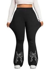 Flexra 大码休闲刺绣蝴蝶结装饰松紧腰部弹力针织喇叭腿牛仔裤 - 黑色 - 查看 5