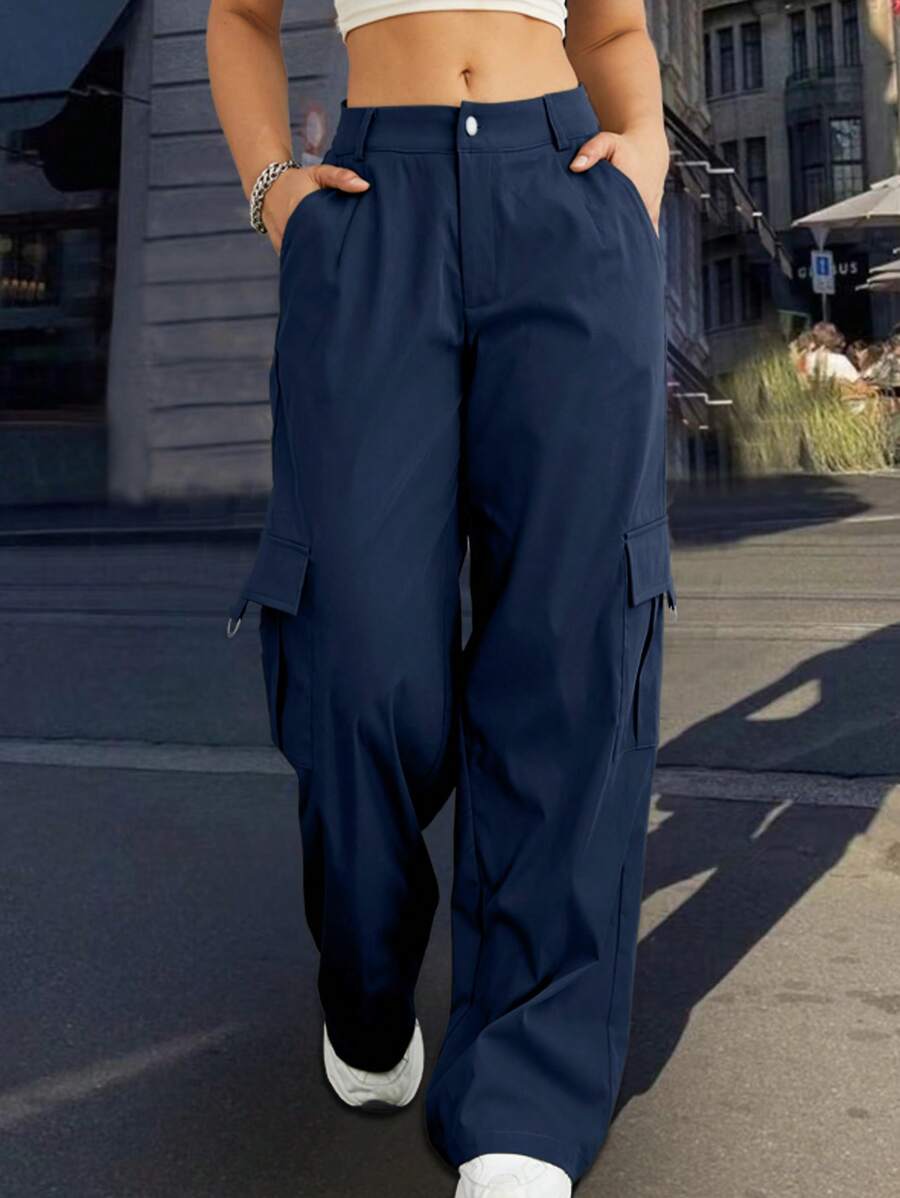 Women's Solid Color Cargo Pocket Straight Leg Loose Casual Pants - Navy Blue - View 1