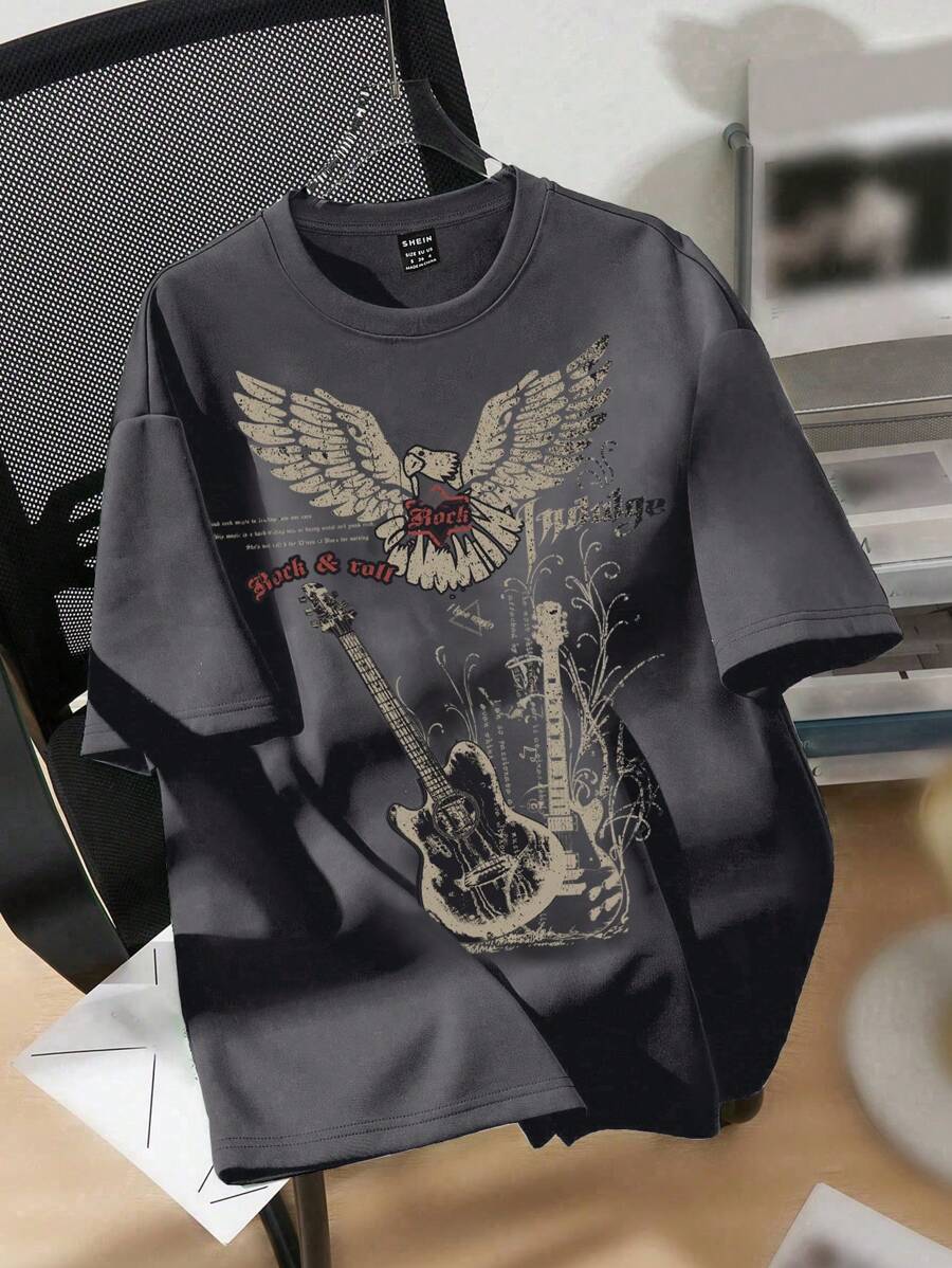 SHEIN EZwear 女款超大夏季音乐节吉他和老鹰图案圆领短袖 T 恤，34%