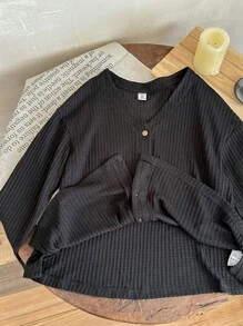 SHEIN Áo len cardigan dài tay màu trơn giản dị thường ngày cho bé gái tuổi mới lớn - màu đen - Xem 6