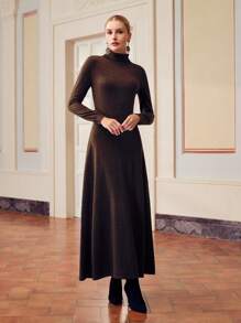 ZEYLAH SOLID TURTLENECK FLARE HEM SWEATER DRESS WITHOUT BELT - Coffee Brown - View 8