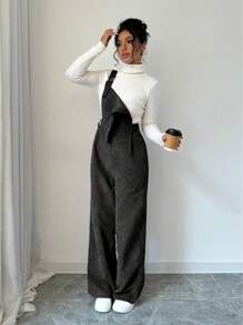 Selianne Quần yếm thường ngày dây dày màu trơn cho nữ, áo liền quần không tay bằng vải nhung kẻ - màu đen - Xem 4