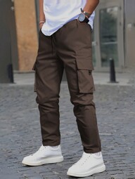 Manfinity Homme Men's Solid Color Drawstring Waist Cargo Pockets Casual Pants, Fall