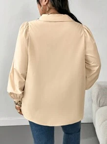 SHEIN CURVE+ Blusa de manga larga con detalles de bordado, estilo burbuja, para vacaciones, talla grande