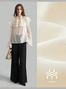 Ontre 新年系带设计纽扣荷叶边复古宫廷风格半透明杏色优雅女士长袖衬衫，分层荷叶边领衬衫，秋季女士精致外套 - 杏色 - 查看 10