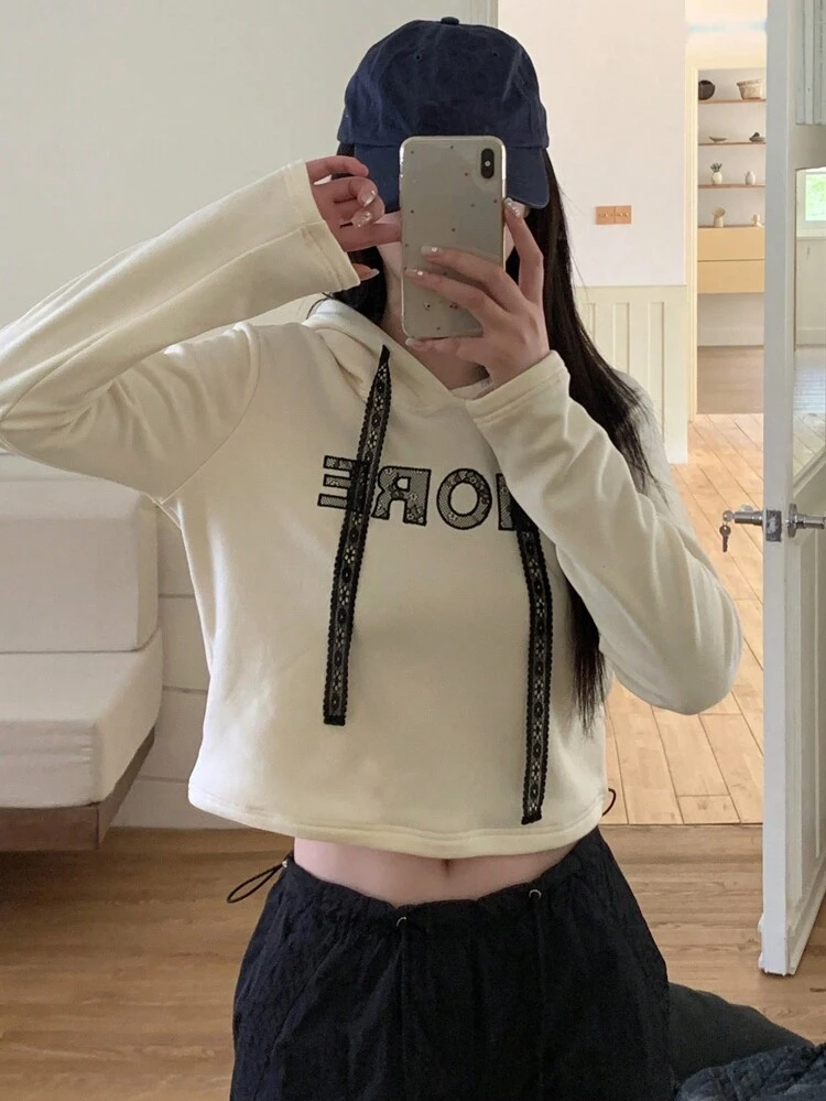 Women Letter Print Minimalist Style Casual Hoodie Sweatshirt, Long Sleeve Daily Wear,Fall Clothes