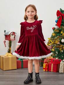 SHEIN Váy sọc trắng cổ tròn nhung đỏ trong suốt cho bé gái, váy giáng sinh, phù hợp cho mùa thu đông, màu đỏ cho giáng sinh, trang phục dự tiệc, trang phục hàng ngày đến trường, váy sinh nhật, váy công chúa - Màu Đỏ Sâu - Xem 2
