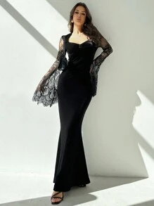 Firerie Gothic Style Sweetheart Neck Lace Flare Sleeve Velvet Fit And Flare Dress, Elegant Sexy For Halloween Party Night, Autumn/Winter Black Floral - Black - View 3