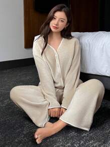 DAZY Embroidered Letter Decor Open Front Flannel Warm Pajama Set, Winter, Fall Winter Clothes