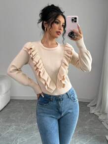 SHEIN Unity 1件女士纯色荷叶边圆领休闲套头毛衣，针织套头衫，秋冬季 - 杏色 - 查看 1