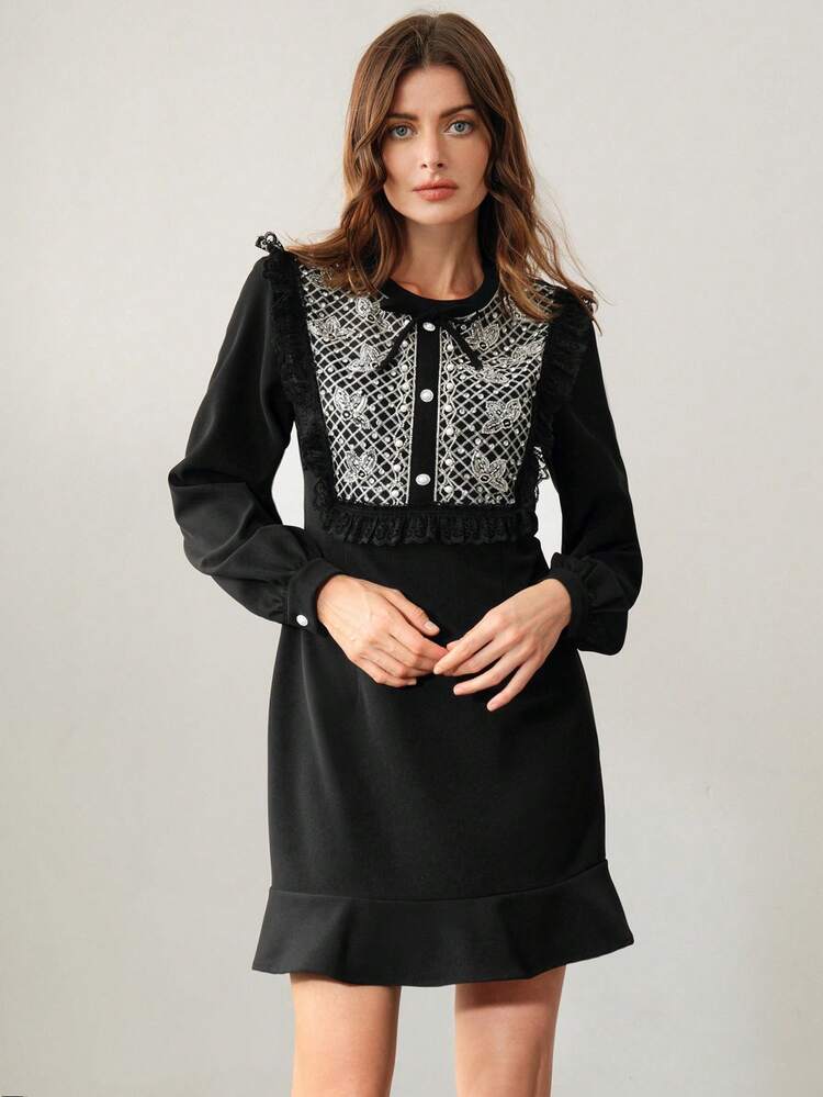 1pc Women's Crystal Decorated Bow Lace Ruffle Hem Long Sleeve Dress