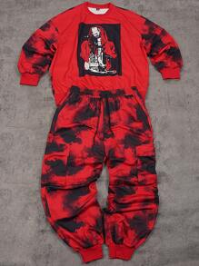 PAVTROS 2 件男士图案印花圆领长袖运动衫和扎染运动裤休闲套装，秋季 - 紅色 - 查看 6