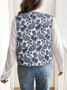 SHEIN Frenchy 女士纽扣前全印花夹克，冬季女士全印花口袋无袖棉服外套，冬季女装保暖冬季女士外套冬季服装感恩节、圣诞节外套 - 藍白色 - 查看 2