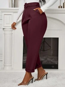 Zolique 女士秋季休闲修身束带长裤 - 酒紅色 - 查看 3