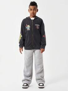 SHEIN Teenage Boys' Graphic Hooded Zip-Up Sweatshirt