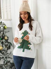 SHEIN LUNE 女士休闲圣诞树亮片宽松长袖毛衣，秋冬针织套头衫 - 杏色 - 查看 4