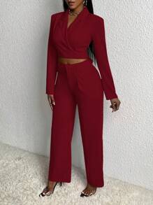 Slaydiva Conjunto casual/urbano de 2 piezas para mujer, blazer y pantalones de color liso, otoño - Burdeos - Ver 4