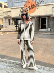 Chiquease 2 件套女士条纹圆领针织开衫和裤子套装 - 黑與白 - 查看 7