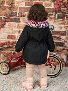 SHEIN Explorewe Áo khoác parka dài vừa phải họa tiết da báo có thể đảo ngược cho bé gái, thích hợp mặc hàng ngày vào mùa thu/đông, áo hoodie kết hợp, đồ nỉ, váy - Nhiều màu - Xem 2