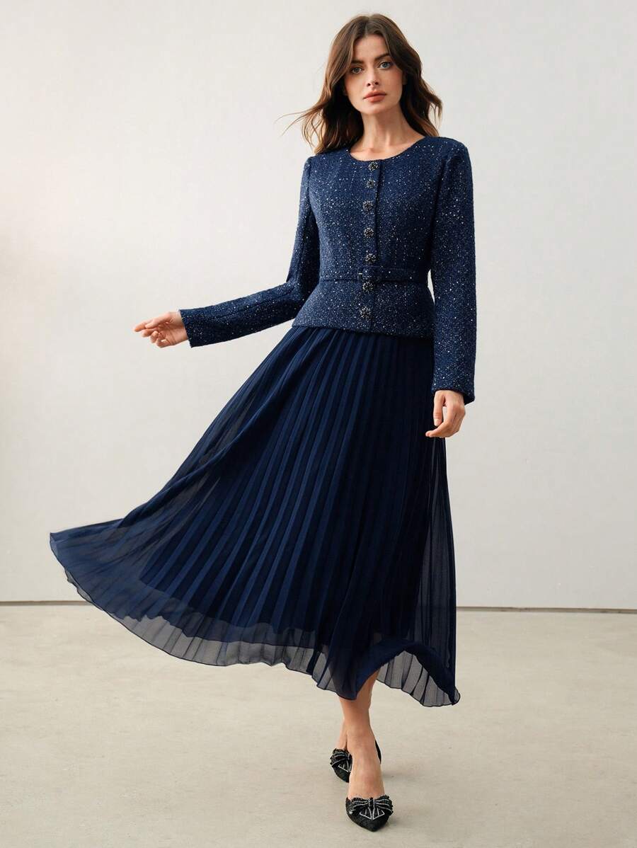 Anewsta 1pc Women's Long Sleeve 2 In 1 Pleated Hem Dress - Blue - View 1