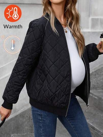 SHEIN Maternity Women Short Zippered Mezzanine Padded Coat, For Winter