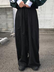 FRIFUL Women Plain Color Mesh Panel Simple Design Casual Long Pants - Black - View 2