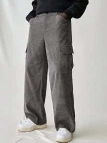 Manfinity VCAY Pantalones rectos de cintura elástica y ajuste holgado con parche para hombres jóvenes, uso cómodo para el día a día - Gris Oscuro - Ver 7
