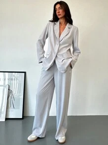 Aloruh 缺口领纽扣仿口袋超大西装外套 + 褶皱长西装裤 女式两件套西装 - 灰色 - 查看 7
