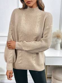 Chiquease Maglione casual da donna a maniche lunghe con spalle scoperte, collo alto, in tinta unita, per autunno/inverno, pullover lavorato a maglia per la stagione autunnale - Albicocca - Visualizzare 6
