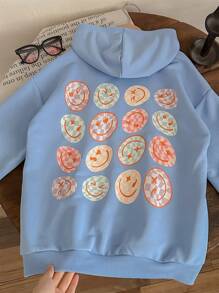 SHEIN Tween Girls Smiling Face Print Knit Round Neck Loose Casual Sweatshirt - Baby Blue - View 7