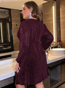 SHEIN Clasi Elegantes plissiertes Kleid mit Glitzereffekt und Laternenärmeln in Großen Größen, Herbst-Burgunderrot Damenoutfit - Bordeaux - Übersicht 2