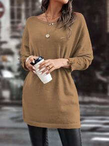 SHEIN LUNE Áo len dài tay màu trơn, kiểu dáng bất đối xứng, buộc dây, thích hợp mặc thường ngày và đa năng, phù hợp cho mùa thu đông. - Màu Khaki - Xem 4