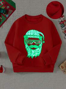 Young Boy Winter Fleece Crew Neck Sweatshirt, Red, Christmas Style With Santa Claus & Fluorescent Green Graphic, Casual Loose Comfortable Streetwear, Family Matching Set