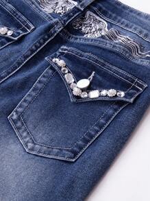 SHEIN Explorewe Teenager (Girls) New Rhinestone Embroidered Stretch Flared Distressed Denim Jeans - Dark Wash - View 6