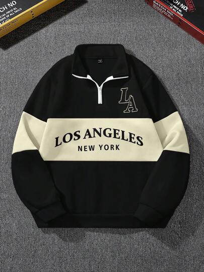 Manfinity Campus Court 男士撞色长袖前拉链字母图案休闲四分之一拉链卫衣，秋季款