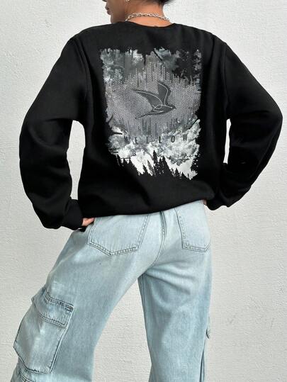 RueChic Felpa ampia casual con scollo a giro e stampa di uccelli, da uomo, per autunno/inverno