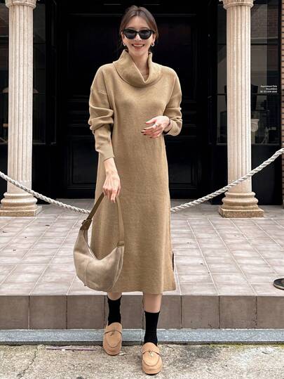 DAZY Women's Solid Color Long Sleeve Simple Knit Sweater Dress, Casual Daily Wear Fall,Winter