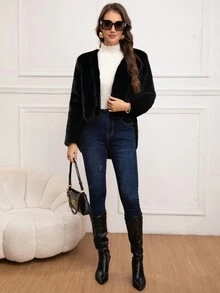 Eilly Bazar Women's Solid Color Long Sleeve Open Front Fluffy Casual Jacket, Winter - Black - View 8