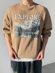 DAZY Men's Casual Mountain & Letter Print Drop Shoulder Relaxed Fit Sweatshirt, Spring/Fall - Camel - View 5