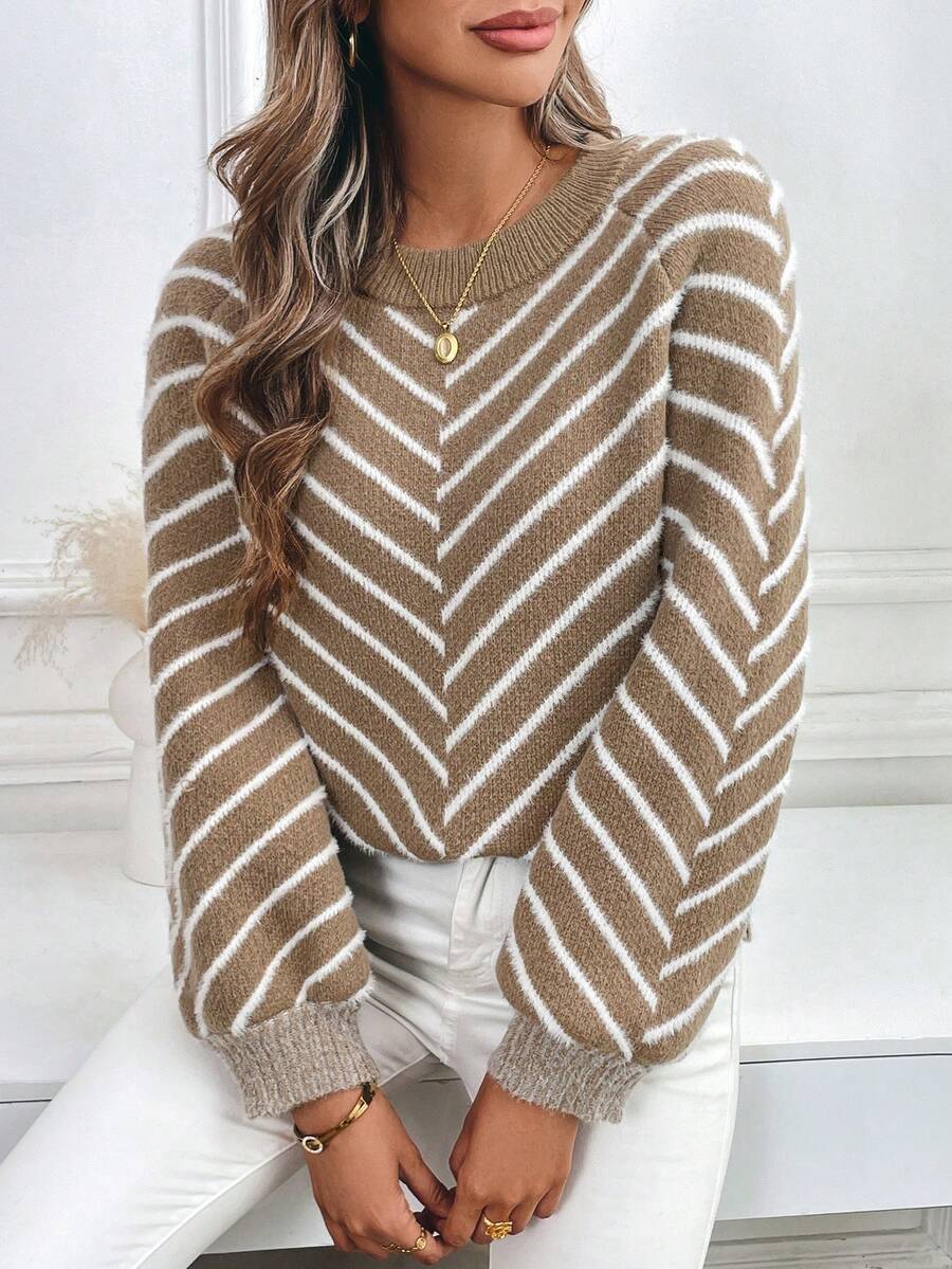 Chiquease Áo len chui đầu rộng tay raglan họa tiết sọc thường ngày cho nữ - Nhiều màu - Xem 1