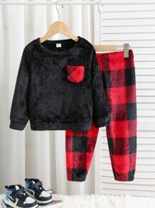 SHEIN 2 件装年轻男孩休闲格子图案口袋圆领长袖睡衣套装和格子睡裤，柔软舒适法兰绒服装，适合秋冬季 - 黑色 - 查看 6