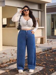 SHEIN EZwear Gerade Jeans in Große Größen mit Washed, gefaltetem Design