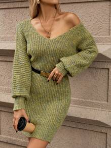 SHEIN Clasi V 领长袖修身简约短款针织毛衣连衣裙，休闲日常穿着 - 軍綠色 - 查看 4