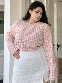 Dazy Plus Plaid Crew Neck Figure Flattering Long Sleeve T-Shirt, Casual Everyday Wear, Spring/Summer - Pink - View 7