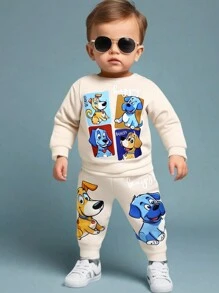 男婴小狗图案厚圆领连帽衫和裤子 2 件/套，休闲适合居家聚会和派对